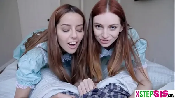 New Creepy teen stepsisters share his cock in a threesome new Clips